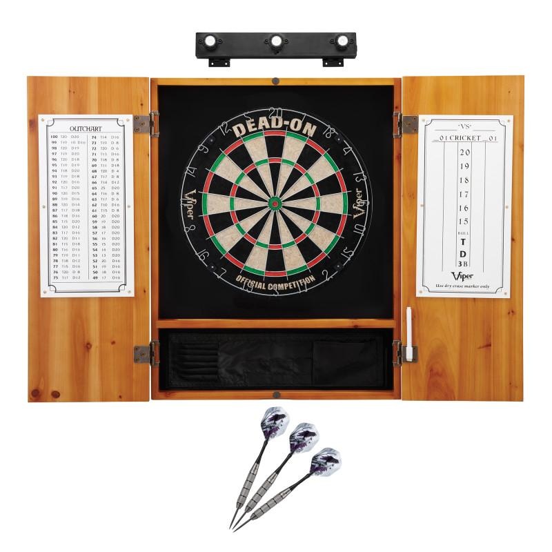 Viper Dead On Sisal Dartboard, Metropolitan Oak Cabinet, Underground The Raven Steel Tip Darts & Shadow Buster Dartboard Lights