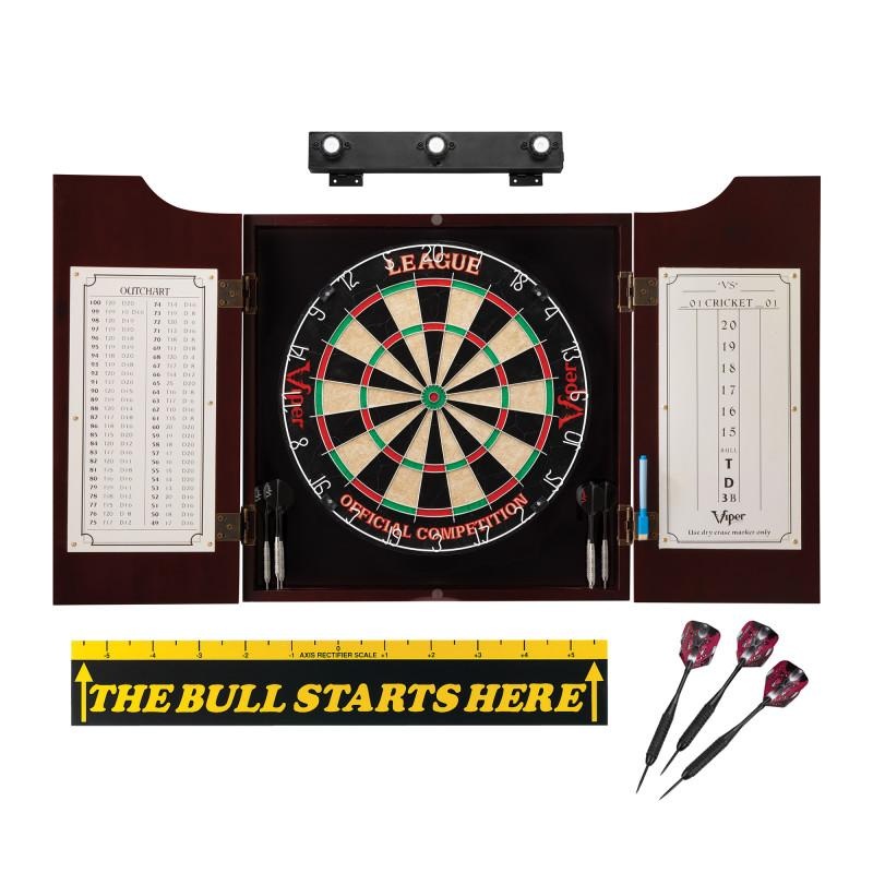 Viper League Sisal Dartboard, Hudson Mahogany Cabinet, Shadow Buster Dartboard Lights