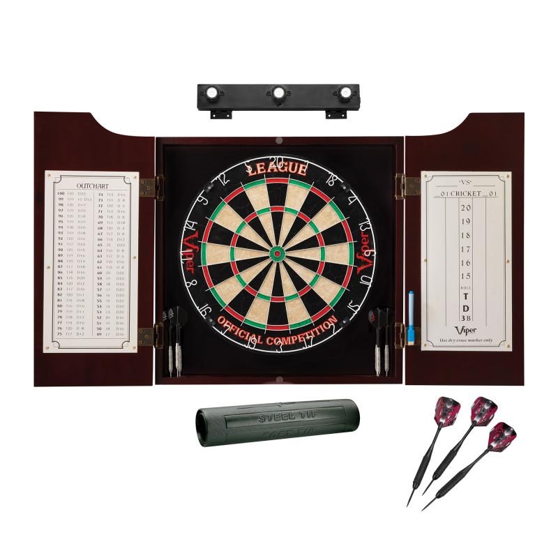 Viper League Sisal Dartboard, Hudson Mahogany Cabinet, Shadow Buster Dartboard Lights & Padded Dart Mat