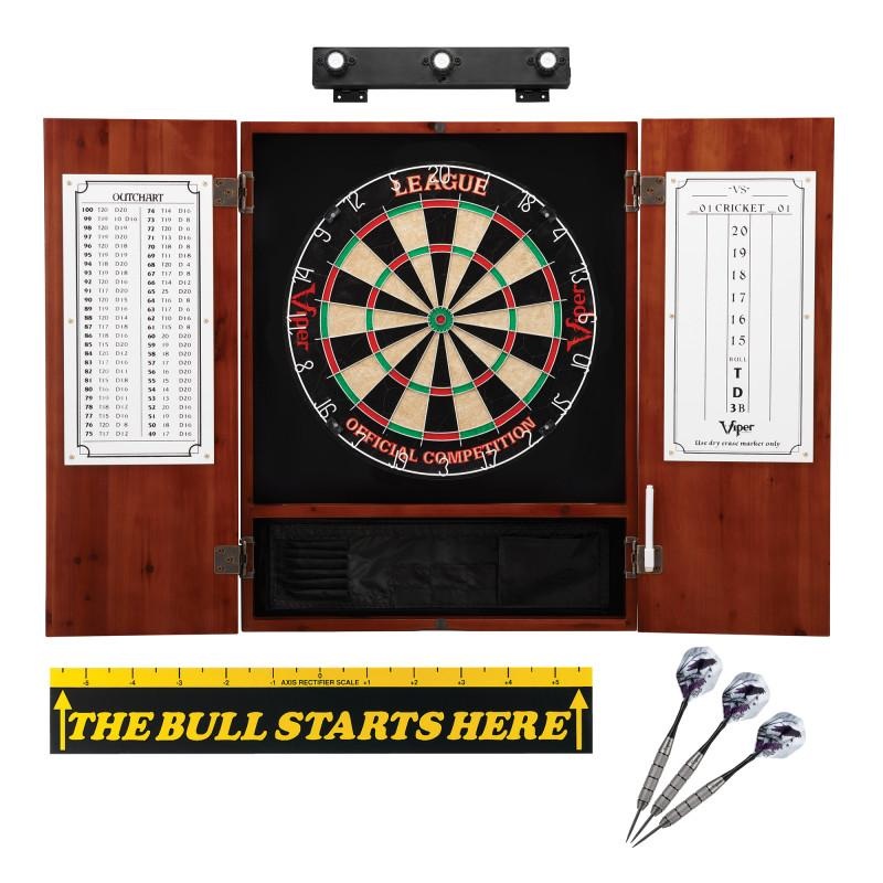 Viper League Sisal Dartboard, Metropolitan Cinnamon Cabinet, Shadow Buster Dartboard Lights & “The Bull Starts Here” Throw Line Marker