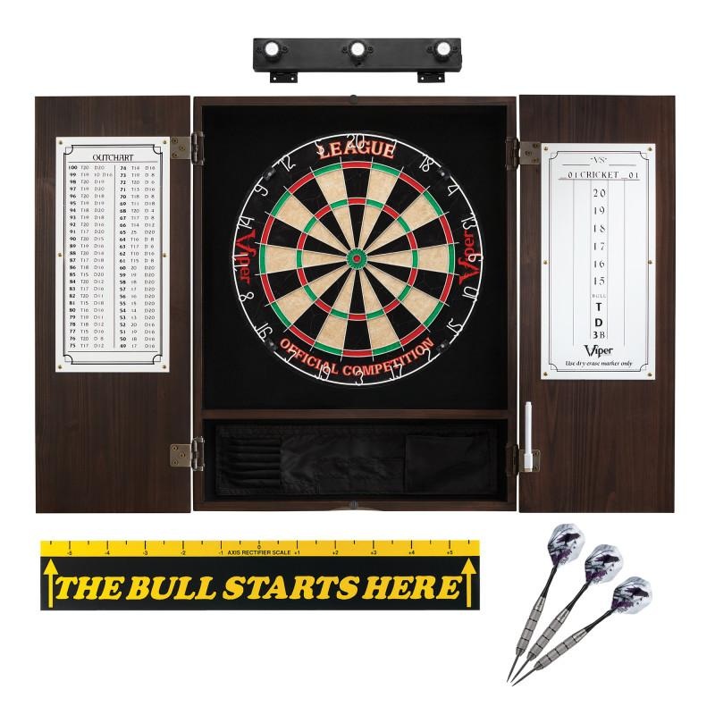 Viper League Sisal Dartboard, Metropolitan Espresso Cabinet, Shadow Buster Dartboard Lights & “The Bull Starts Here” Throw Line Marker