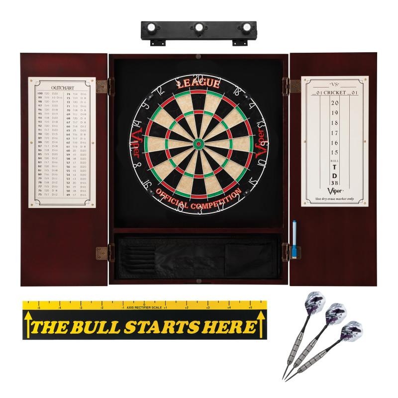 Viper League Sisal Dartboard, Metropolitan Mahogany Cabinet, Shadow Buster Dartboard Lights & “The Bull Starts Here” Throw Line Marker