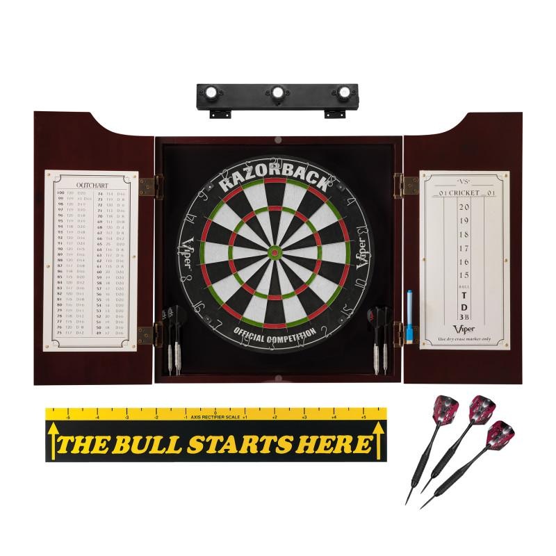 Viper Razorback Sisal Dartboard, Hudson Cabinet, Throw Line Marker, Black Mariah Steel Tip Darts & Shadow Buster Dartboard Light Bundle