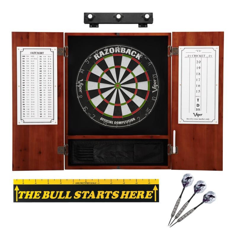 Viper Razorback Sisal Dartboard, Metropolitan Cinnamon Cabinet, Shadow Buster Dartboard Lights & “The Bull Starts Here” Throw Line Marker