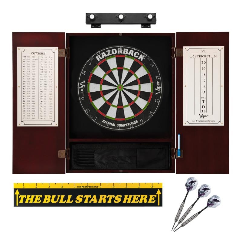 Viper Razorback Sisal Dartboard, Metropolitan Mahogany Cabinet, Shadow Buster Dartboard Lights & “The Bull Starts Here” Throw Line Marker
