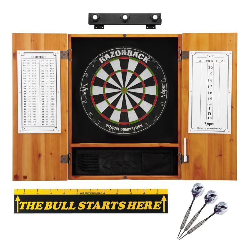 Viper Razorback Sisal Dartboard, Metropolitan Oak Cabinet, Shadow Buster Dartboard Lights & “The Bull Starts Here” Throw Line Marker