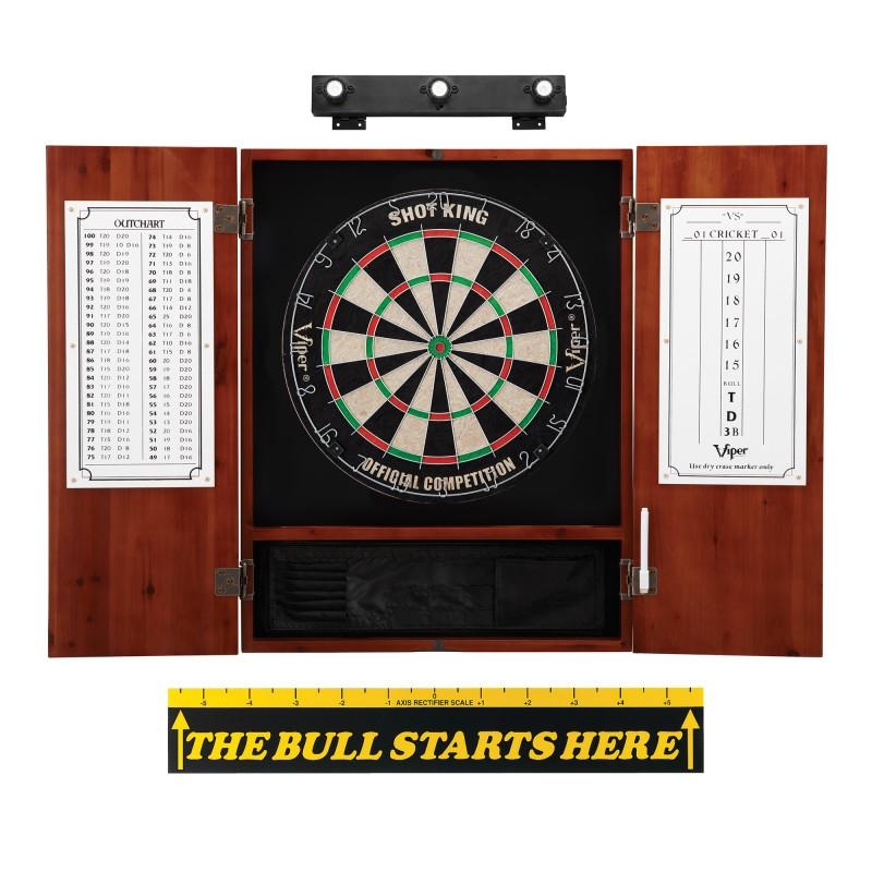 Viper Shot King Sisal Dartboard, Metropolitan Cinnamon Cabinet, Shadow Buster Dartboard Lights & “The Bull Starts Here” Throw Line Marker