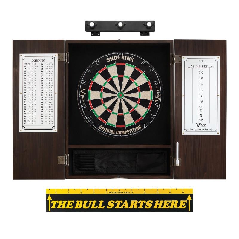 Viper Shot King Sisal Dartboard, Metropolitan Espresso Cabinet, Shadow Buster Dartboard Lights & “The Bull Starts Here” Throw Line Marker