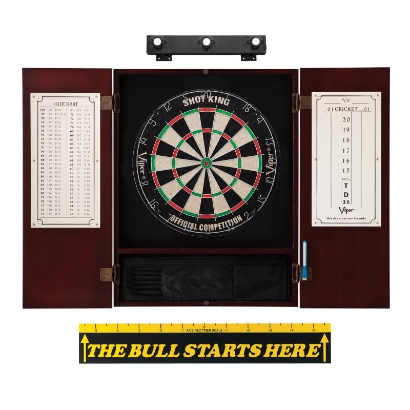 Viper Shot King Sisal Dartboard, Metropolitan Mahogany Cabinet, Shadow Buster Dartboard Lights & “The Bull Starts Here” Throw Line Marker