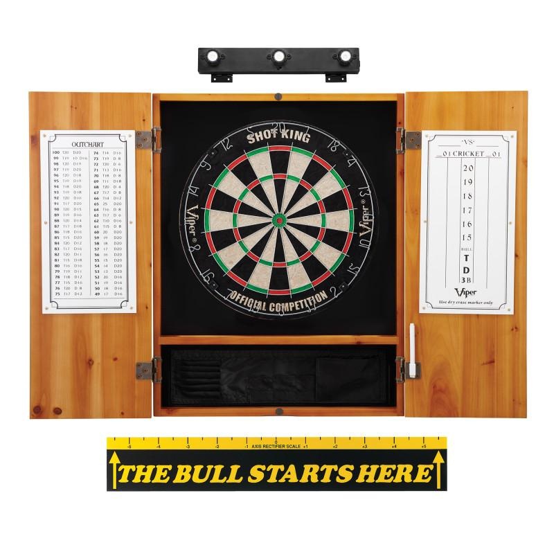 Viper Shot King Sisal Dartboard, Metropolitan Oak Cabinet, Shadow Buster Dartboard Lights & “The Bull Starts Here” Throw Line Marker