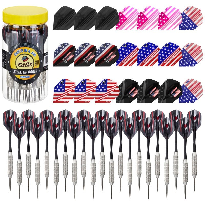 Fat Cat 21 Darts in a Jar Steel Tip 20 Grams with Patriot Dart Flights