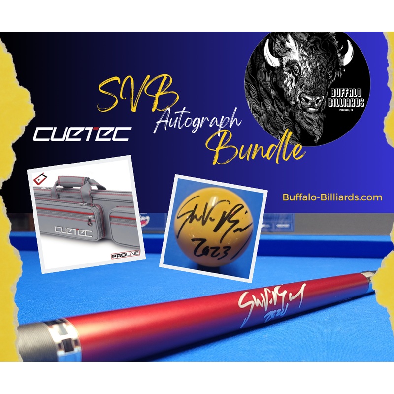 SVB Bundle – Signed Ruby Red Cuetec Cynergy + Gray Pro Line Case & Signed Cue Ball