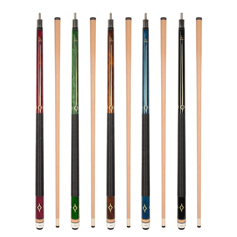 ASKA Set of 5 Pool Cue Sticks 58″, 2-Piece Construction, 5/16×18 Joint, Hard Rock Canadian Maple, 13mm Hard Glued On Tip, Mixed Weights and Colors, L7S5