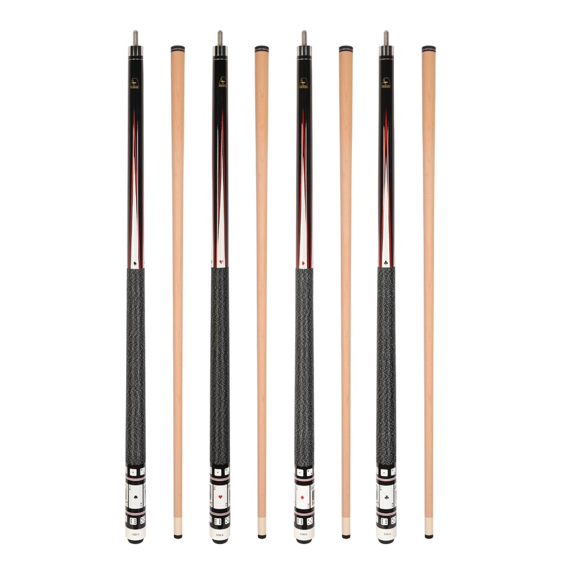 Set of 4 Aska Cards and Dice Billiard Pool Cues, 58″ Hard Rock Canadian Maple, 13mm Hard Tip, Mixed Weights, CDS4