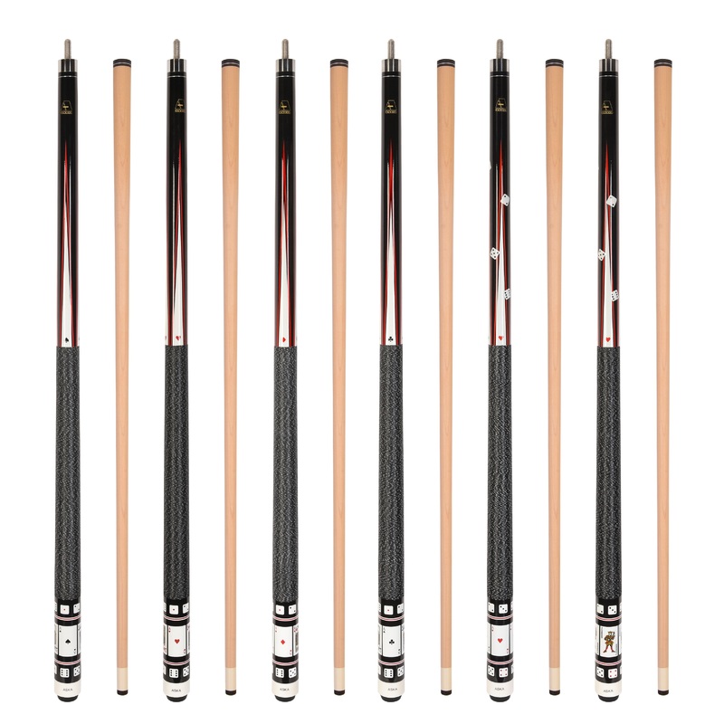 Set of 6 Aska Cards and Dice Billiard Pool Cues, 58″ Hard Rock Canadian Maple, 13mm Hard Tip, Mixed Weights, CDS6