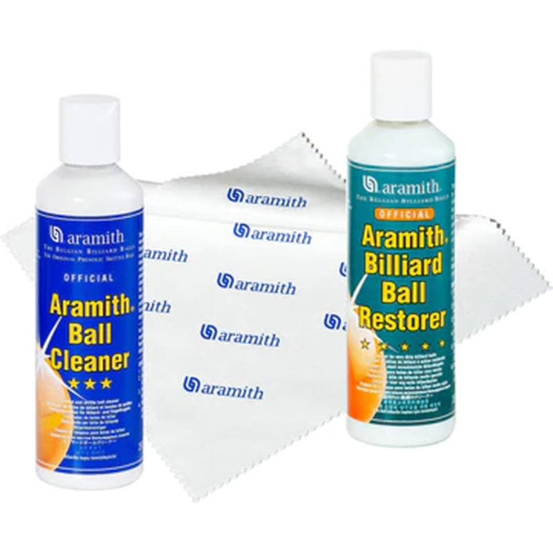 Aramith Bundle of 3 Items Billiard Ball Cleaner, Billiard Ball Restorer 8.4 fl.oz. Bottles & Aramith Microfibre Cloth