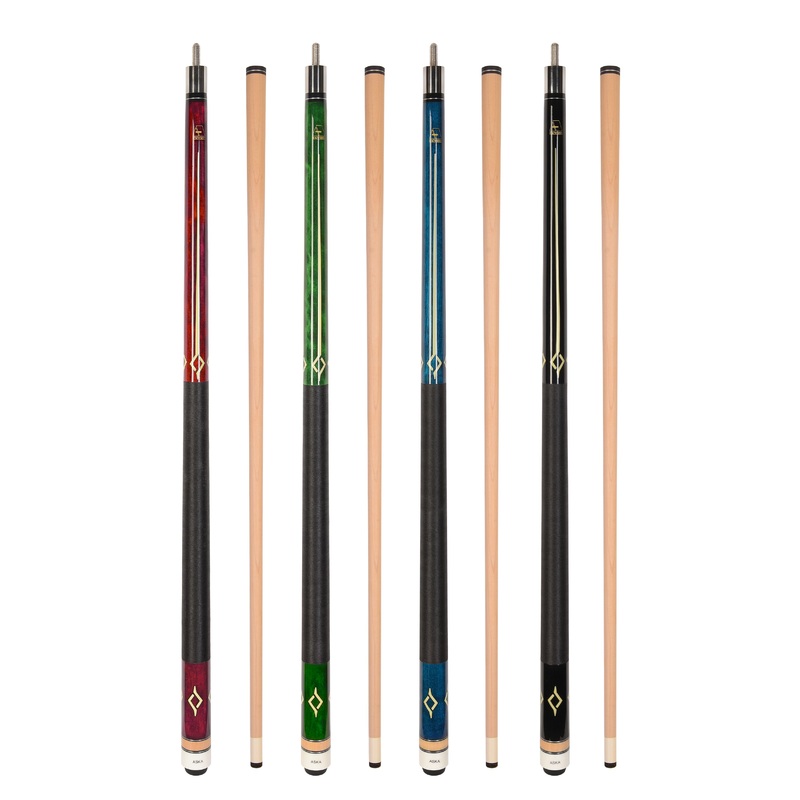 ASKA Set of 4 Pool Cue Sticks 58″, 2-Piece Construction, 5/16×18 Joint, Hard Rock Canadian Maple, 13mm Hard Glued On Tip, Mixed Weights and Colors, L7S4