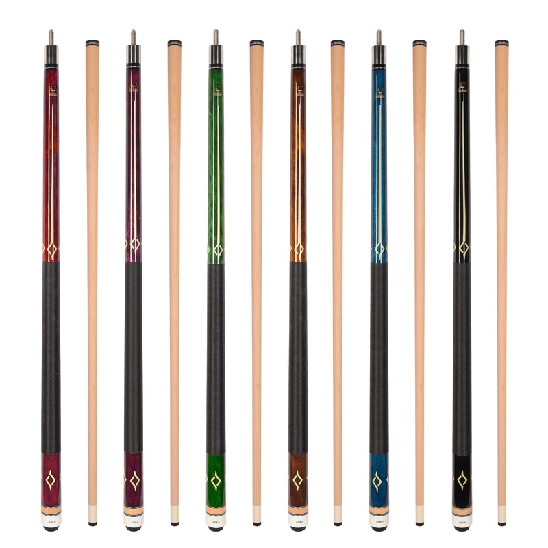 ASKA Set of 6 L7 Pool Cue Sticks 58″, 2-Piece Construction, 5/16×18 Joint, Hard Rock Canadian Maple, 13mm Hard Glued On Tip, Mixed Weights and Colors, L7S6