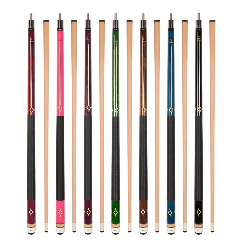 ASKA Set of 7 L7 Pool Cue Sticks 58″, 2-Piece Construction, 5/16×18 Joint, Hard Rock Canadian Maple, 13mm Hard Glued On Tip, Mixed Weights and Colors, L7S7