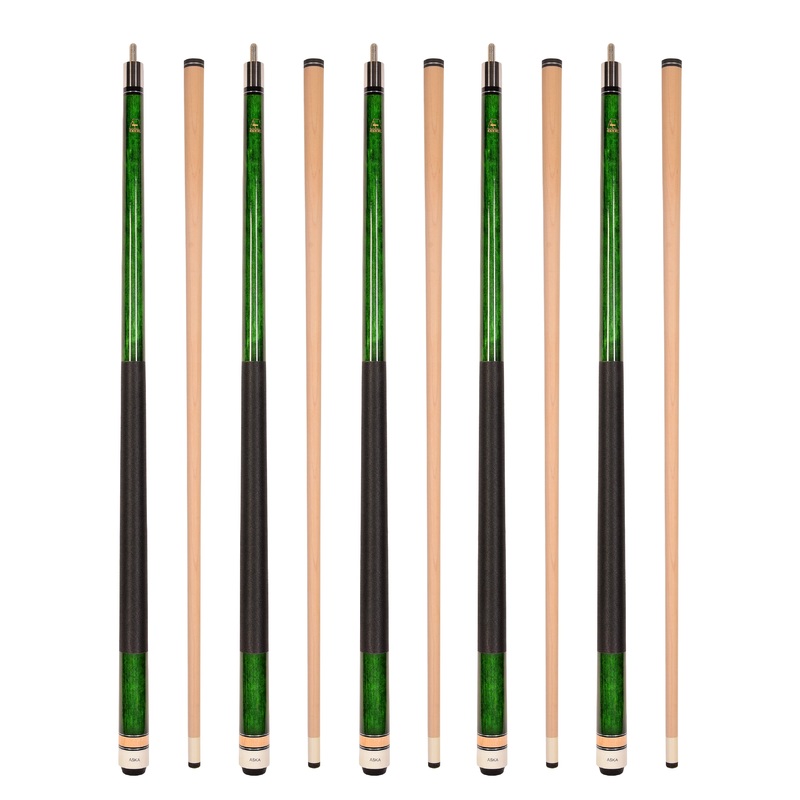 Set of 5 GREEN Aska L2 Billiard Pool Cues, 58″ Hard Rock Canadian Maple, 13mm Hard Tip, Mixed Weights, L2S5GRN